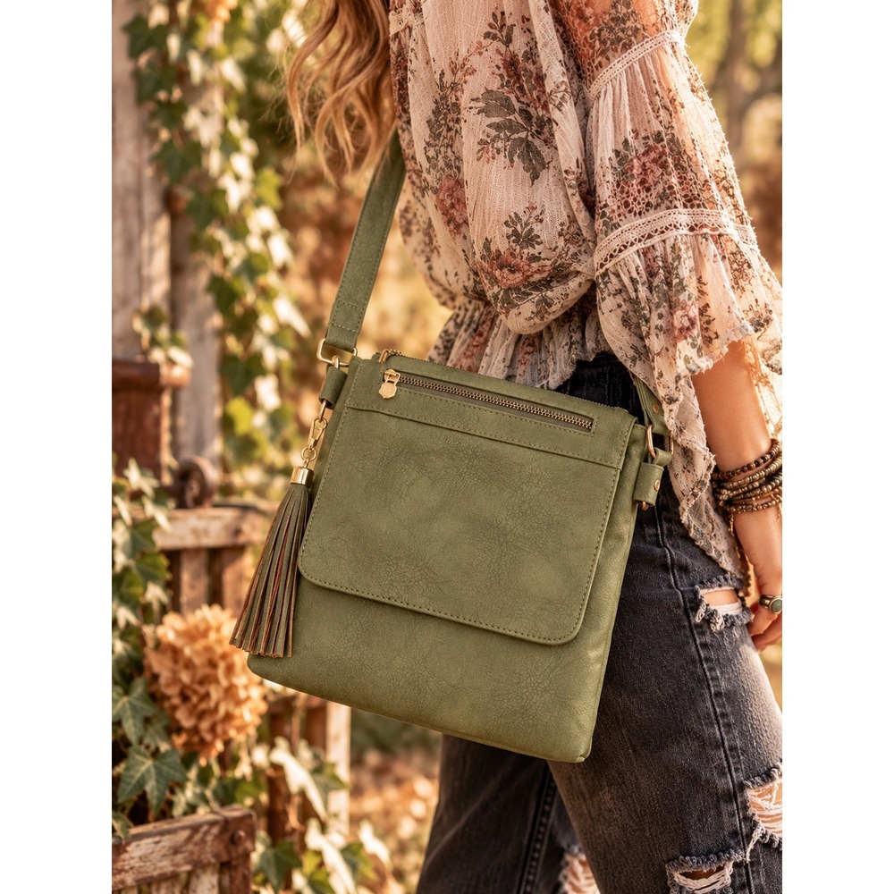 Fairy Grunge Olive Green Crossbody Bag Vegan Leather Boho Tassel Festival Fall